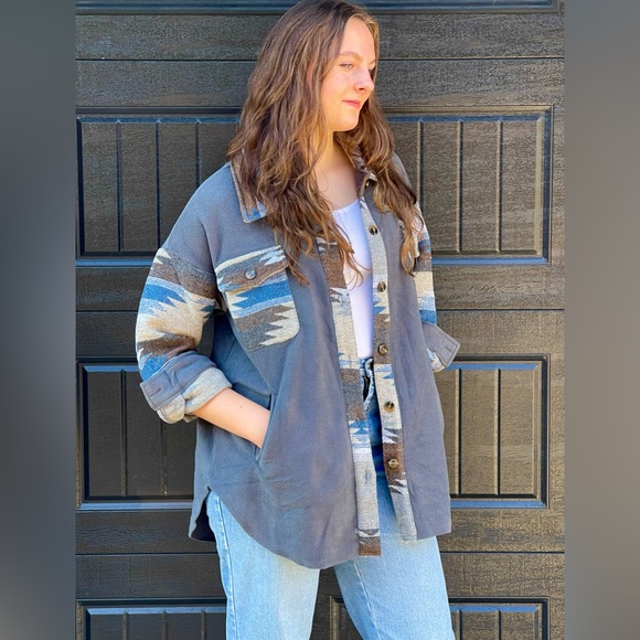 Fourty Dreams Boutique Jackets & Blazers - New boutique blue gray Aztec flannel shacket jacket
